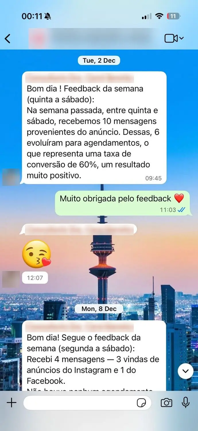 Print de conversa com cliente (dados borrados): 6 de 10 mensagens do anúncio viraram agendamento