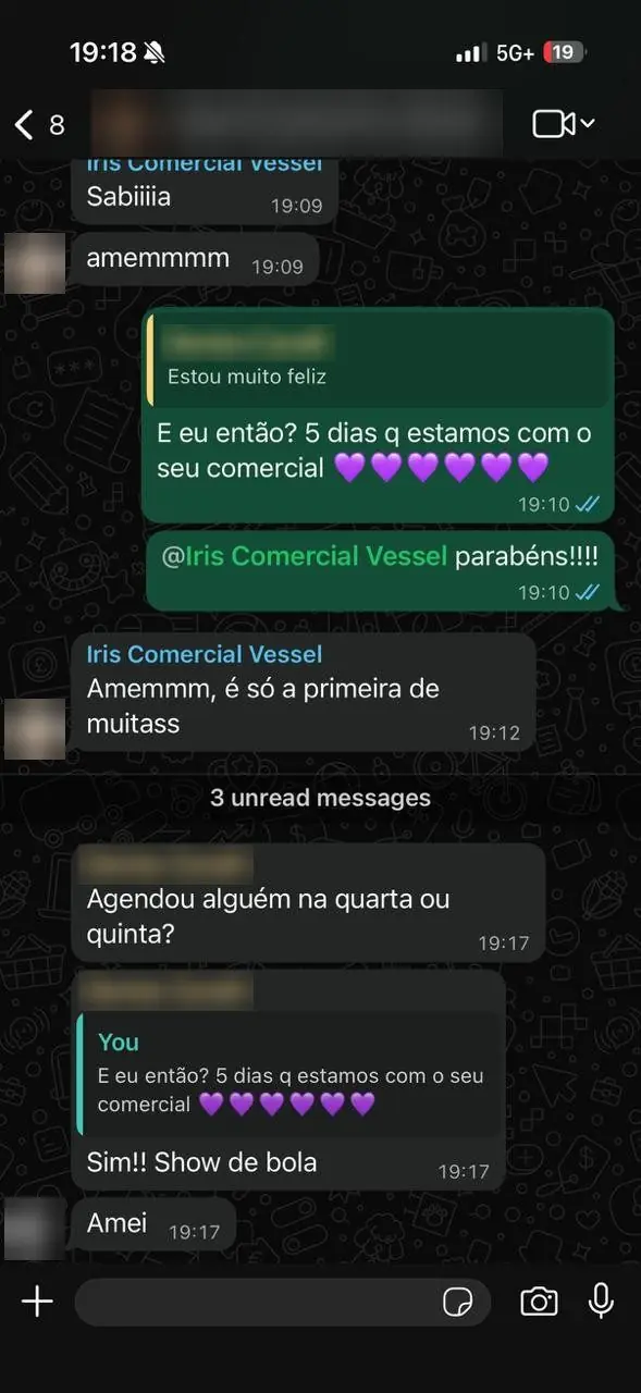 Print de conversa com cliente (dados borrados): agendamentos na primeira semana do comercial