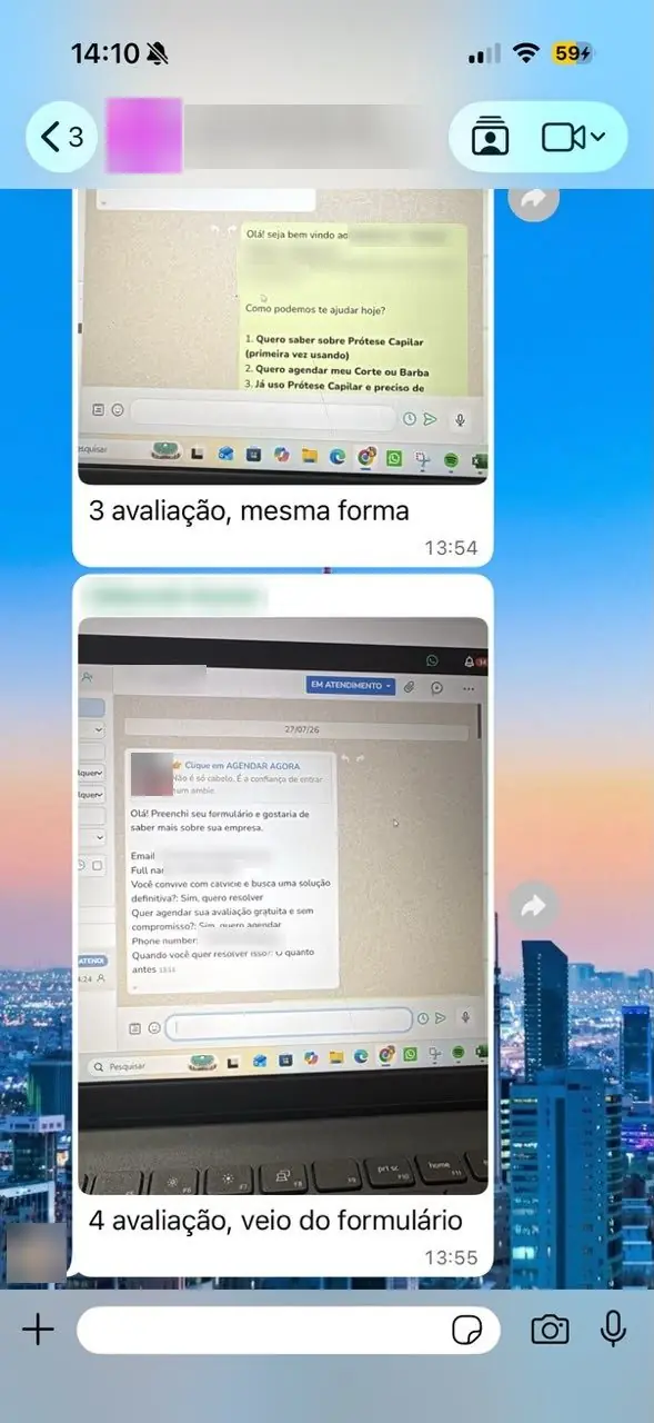 Print de conversa com cliente (dados borrados): avaliações agendadas vindas do formulário
