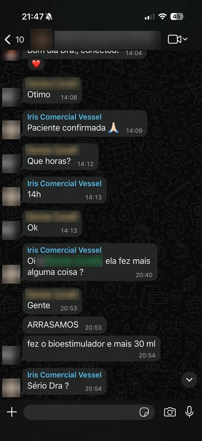 Print de conversa com cliente (dados borrados): pacientes confirmadas pelo comercial