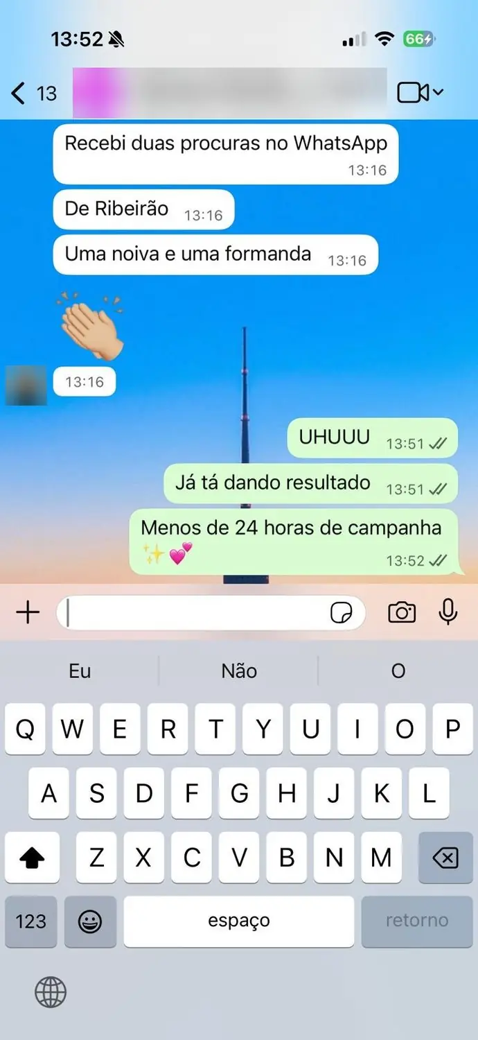 Print de conversa com cliente (dados borrados): procuras no WhatsApp com menos de 24 horas de campanha