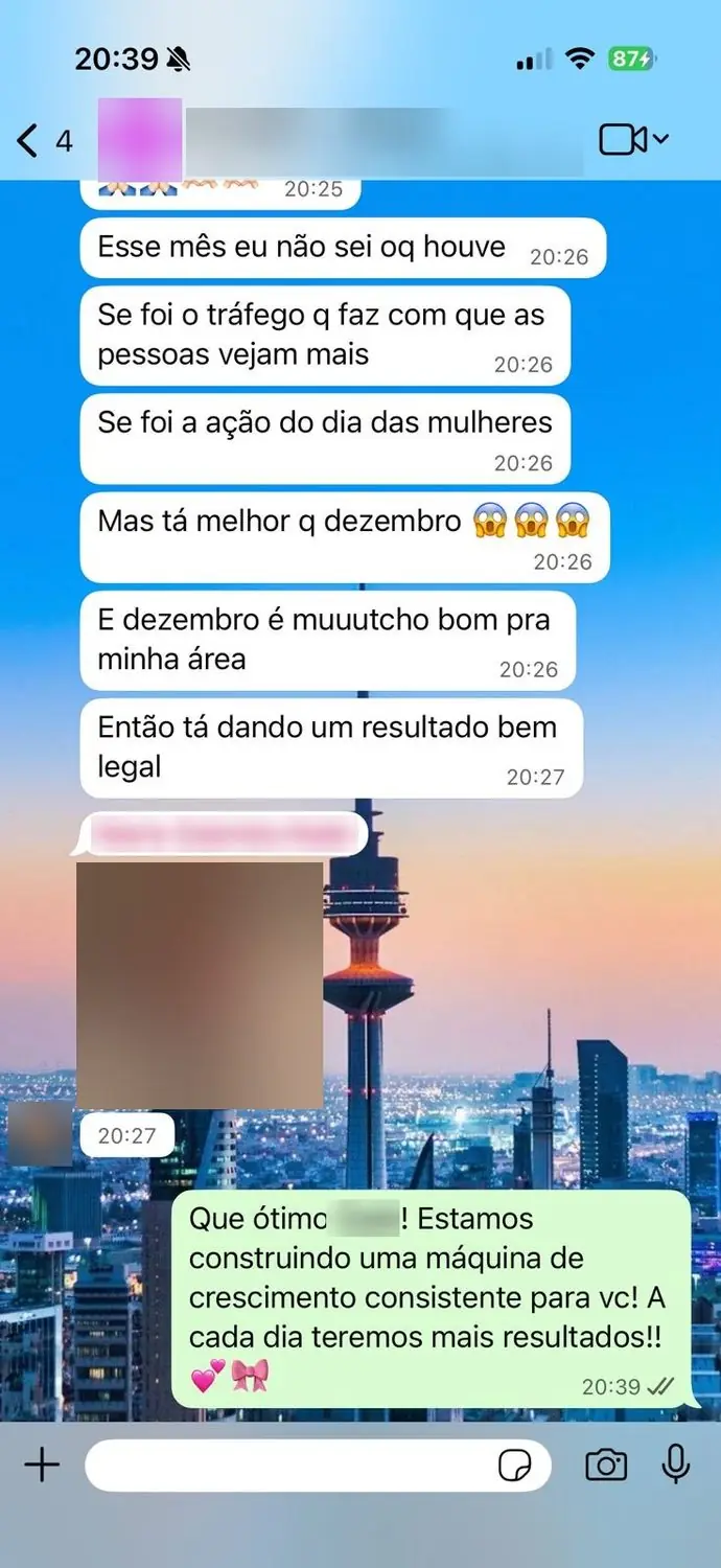 Print de conversa com cliente (dados borrados): cliente relatando resultado acima de dezembro