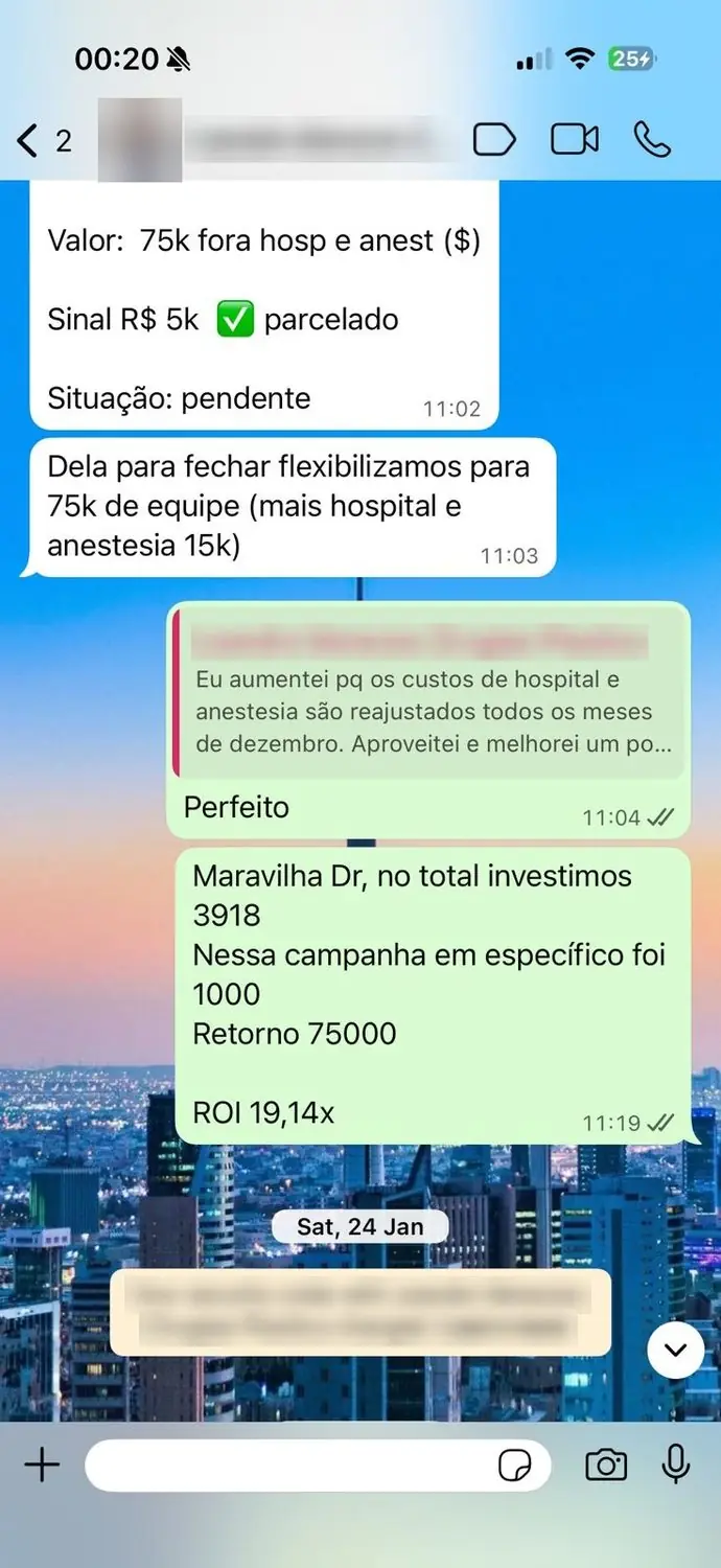 Print de conversa com cliente (dados borrados): ROI de 19,14x numa campanha