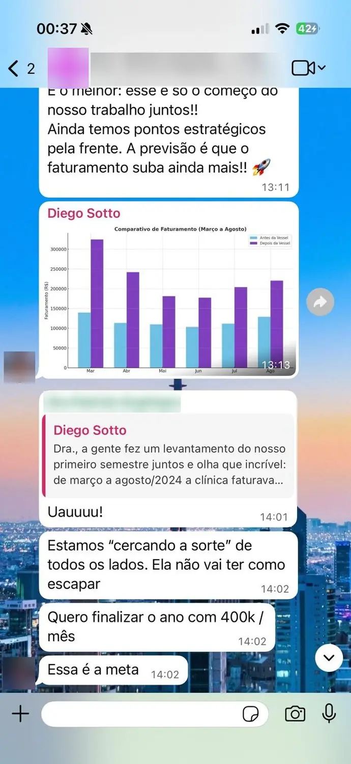 Print de conversa com cliente (dados borrados): gráfico de faturamento antes e depois da Vessel